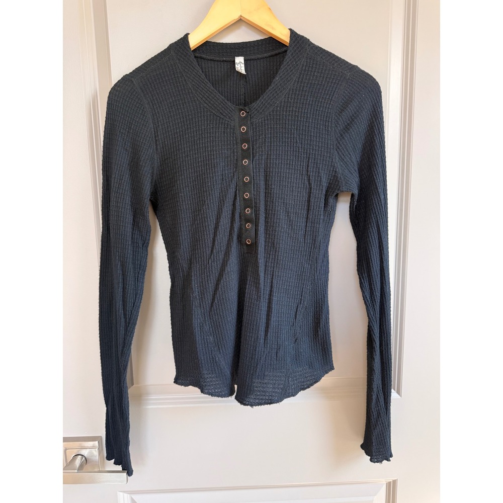 Free People Intimately Black Waffle Knit Henley Thermal Long Sleeve Top Medium